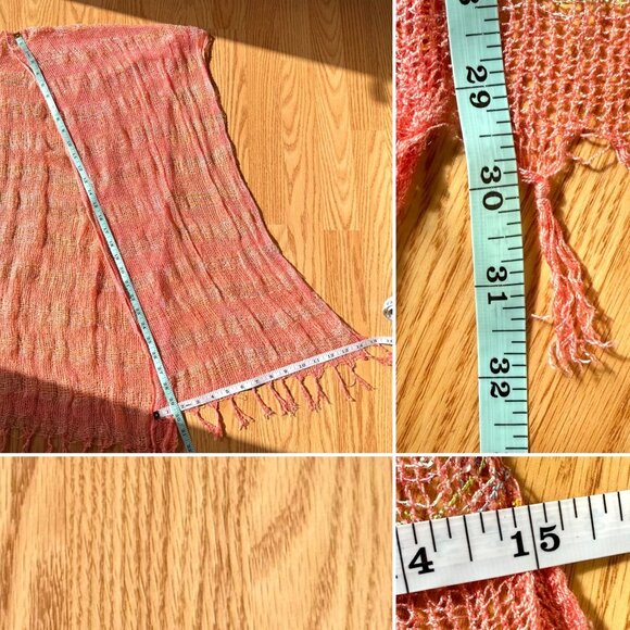 Handwoven Pink Peach Gold Open Weave Scarf With Fringe 64 in L x 15 in W - Picture 6 of 6